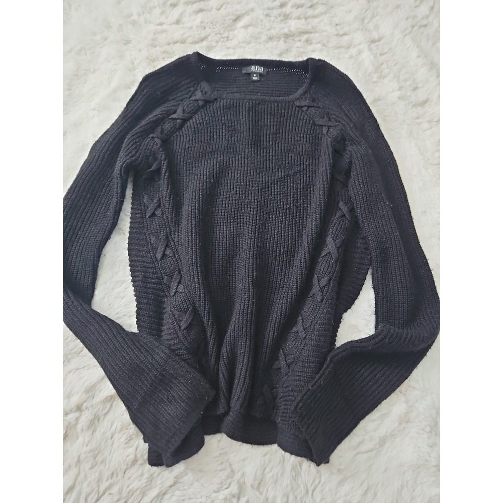a.n.a. Black Cable Knit Sweater Womens Medium Lace Up Detail Ribbed Crewneck